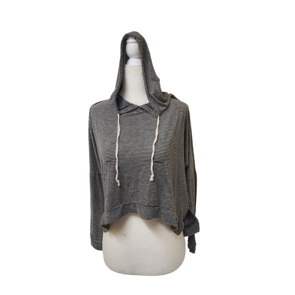 Rock Rose Classic Black Grey Striped Loose Cropped Long Sleeve Top Hooded Small